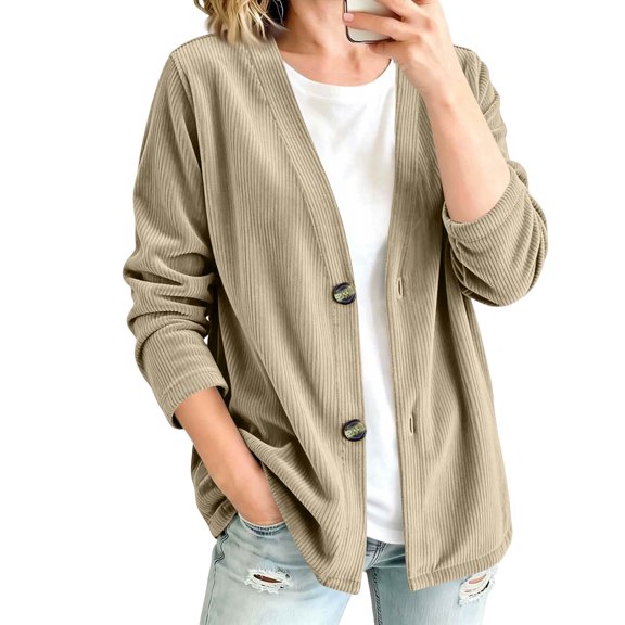 Nestiefly Corduroy Cardigan Sweaters for Women Button Up Loose V Neck Long Sleeve Comfy Jacket Dressy Elegant Basic Fall Tops 2026 Khaki L