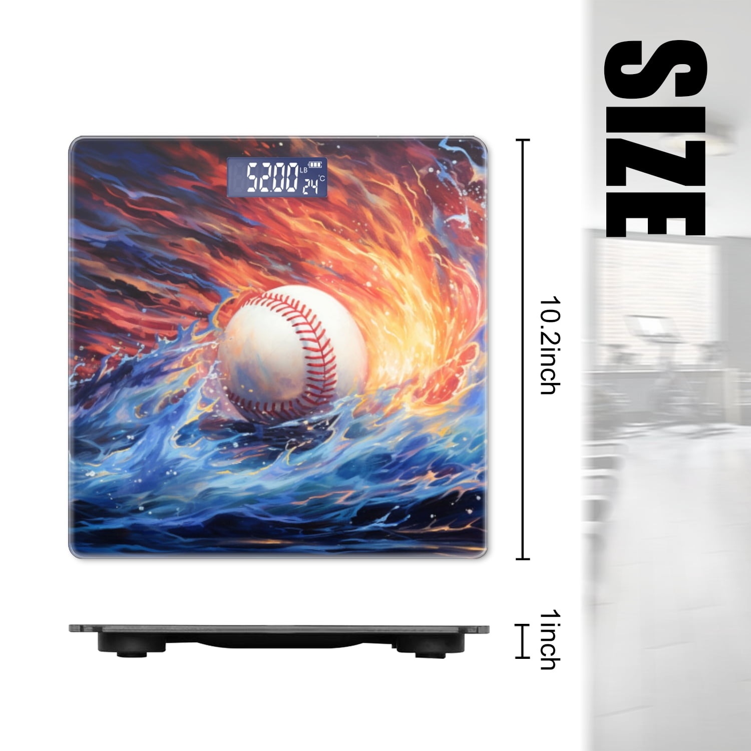 Bathroom Scale, Highly Accurate Digital Body Scale,Precisely Measures Weight up to 400 lbs-Baseball Surrounded By Swirling Water And Flames
