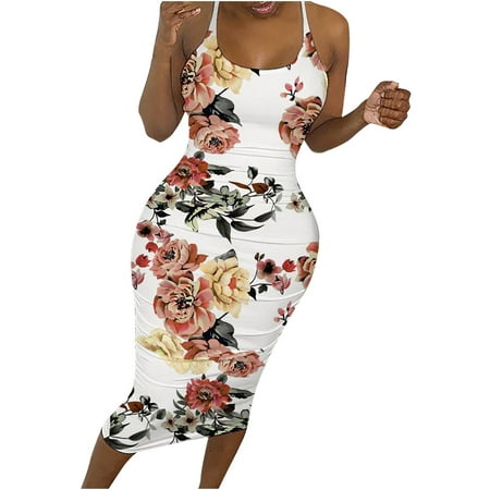 

Floleo Women s Dress Clearance Summer Fashion Print Color Halter Fishnet Round Neck Sexy Long