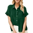 thumbnail image 2 of Polyester Short Sleeve Loose Fit Dress Shirts for Women Green Workwear Solid Color Lapel Work Summer New Ladies Blouses Cotton And Rolled Button Shirt Tee S, 2 of 4