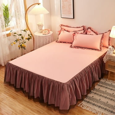 Bxaolu Wrap Around Solid Cotton Mattress Cover Luxury Hotel Quality Fabric Bedroom Gathered Ruffled Bedding Bed Skirt 14 Inch Drop (Queen Size, Pink)