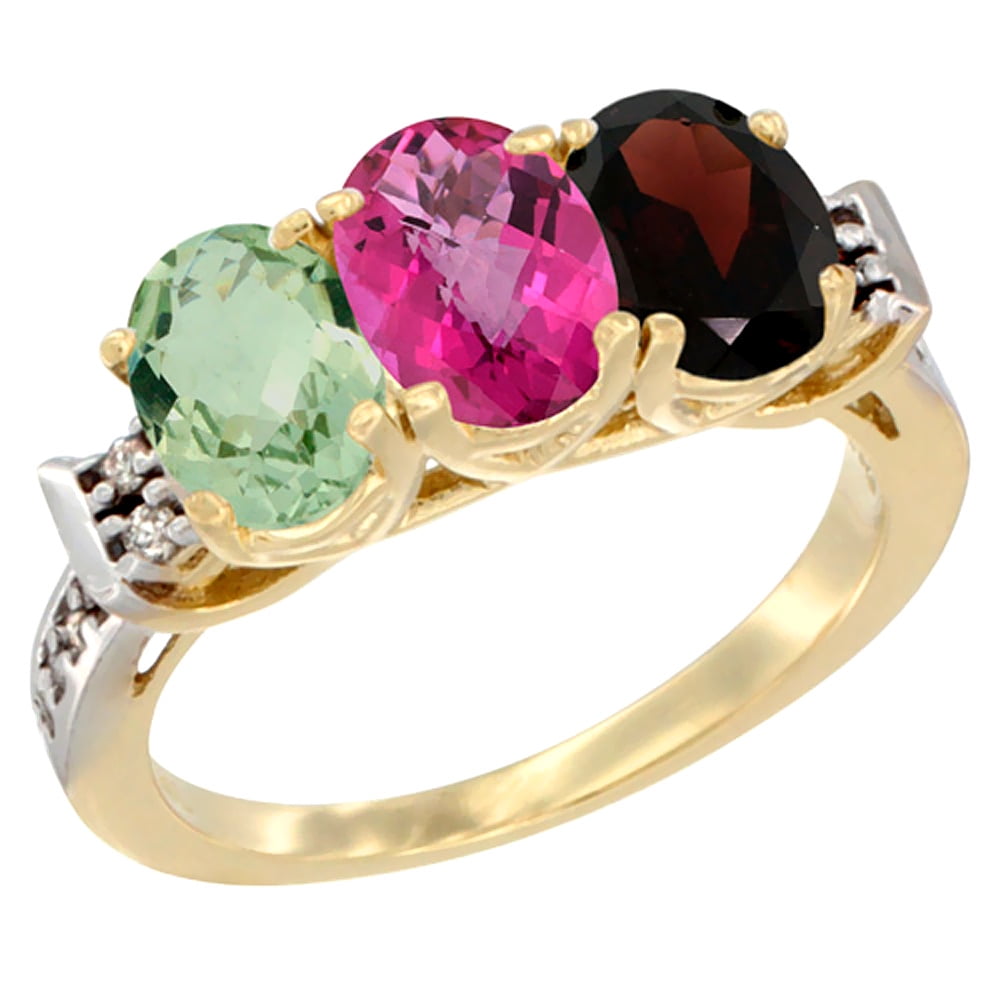 10K Yellow Gold Natural Green Amethyst, Pink Topaz & Garnet Ring 3-Stone Oval 7x5 mm Diamond Accent, sizes 5 10 by WorldJewels