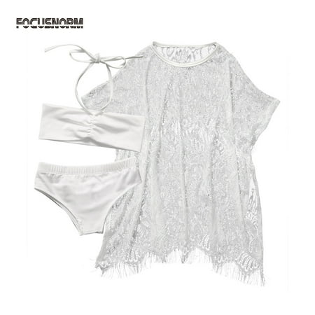 

Seyurigaoka 3 Pcs Girls Swimwear Plain Bikini Tops + Swim Briefs + Cover Up Tops