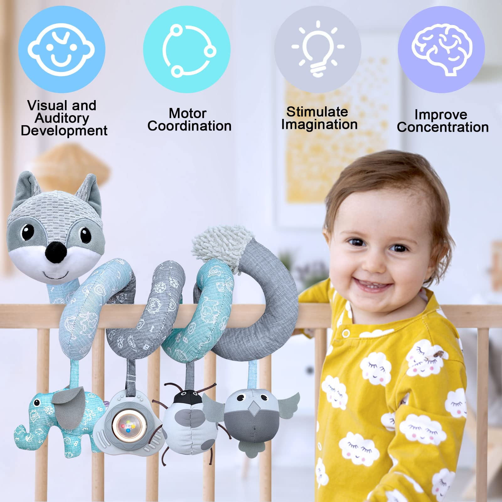 Spiral Car Seat Activity Toy for Babies – 5-in-1 Developmental Set with Music, Rattle & Teether for Brain Stimulation, Stroller, Crib, and Travel Play​