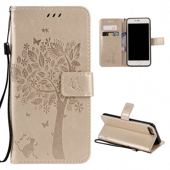 iPhone 8 Plus Wallet Case, iPhone 7 Plus Case, Allytech Embossed Cat & Tree Series, Slim PU Leather Full Protective Case Flip Stand Cover with Card Holder for iPhone 8 Plus & iPhone 7 Plus, Gold