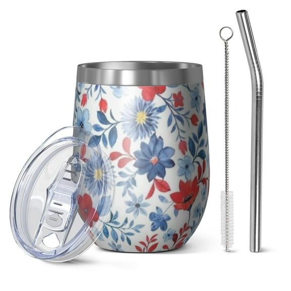 12oz Stemless Wine Tumblers Pioneer Flower Vacuum Insulated Stainless Steel Travel Tumbler Cups Mug with Lid and Straw for Champaign,Cocktail,Beer with Cleaning Brush