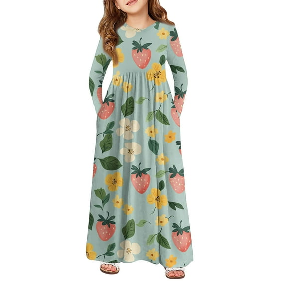 Drmagiyhm Girls Long Dress Size 10-12 Autumn Crew Neck Tiered A-Line Dresses Boho Long-Sleeve Floral Print Dresses with Pockets 7-8 Years