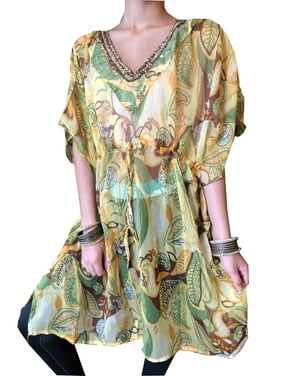 Mogul Women Kaftan Dress Chiffon Yellow Floral Printed Caftan , Summer Sheer Beach Coverup Loose Kaftan Dresses S/M/L