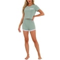 thumbnail image 1 of INSPIRAR CHIC Conjunto de 2 Piezas para Mujeres, Top de Manga Corta con Encaje y Pantalones Cortos de Punto Acanalado, Pijamas en Verde, 1 of 4