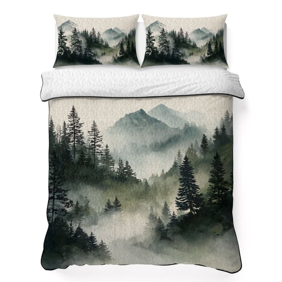 Quilts King Size Bedding Set, Green Black Foggy Forest Lightweight Quilted Comforter, Abstract Art Mountain Soft Reversible Bedspread Coverlet with Pillow Covers for All Season, 96" x 106"