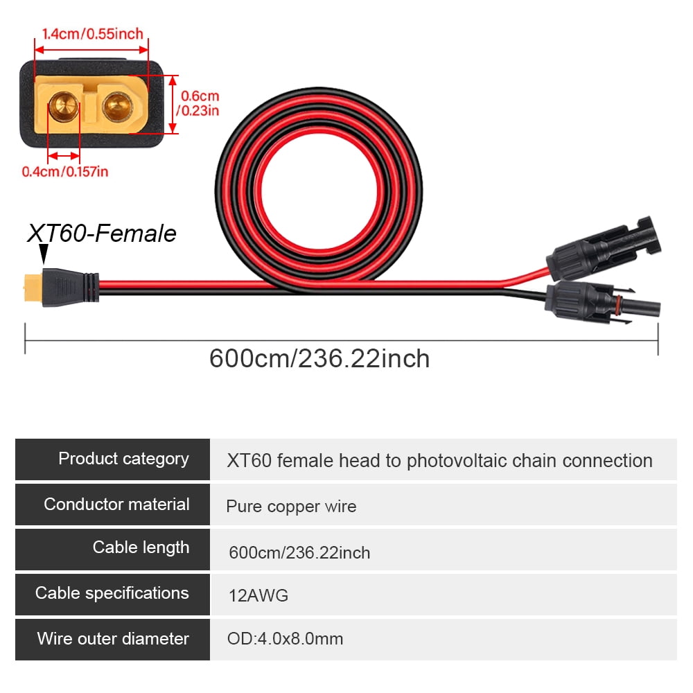 Hormy Solar to XT60 Charge Extension Cable 12AWG 20FT Solar Connector to XT60 Adapter Cable for Solar Panel RV Portable Power, IP67 Waterproof