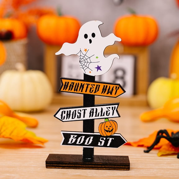 Opvise Happy Halloween Ornaments Pumpkin Skeleton Design with Letters Tree Shaped Wooden Black & White