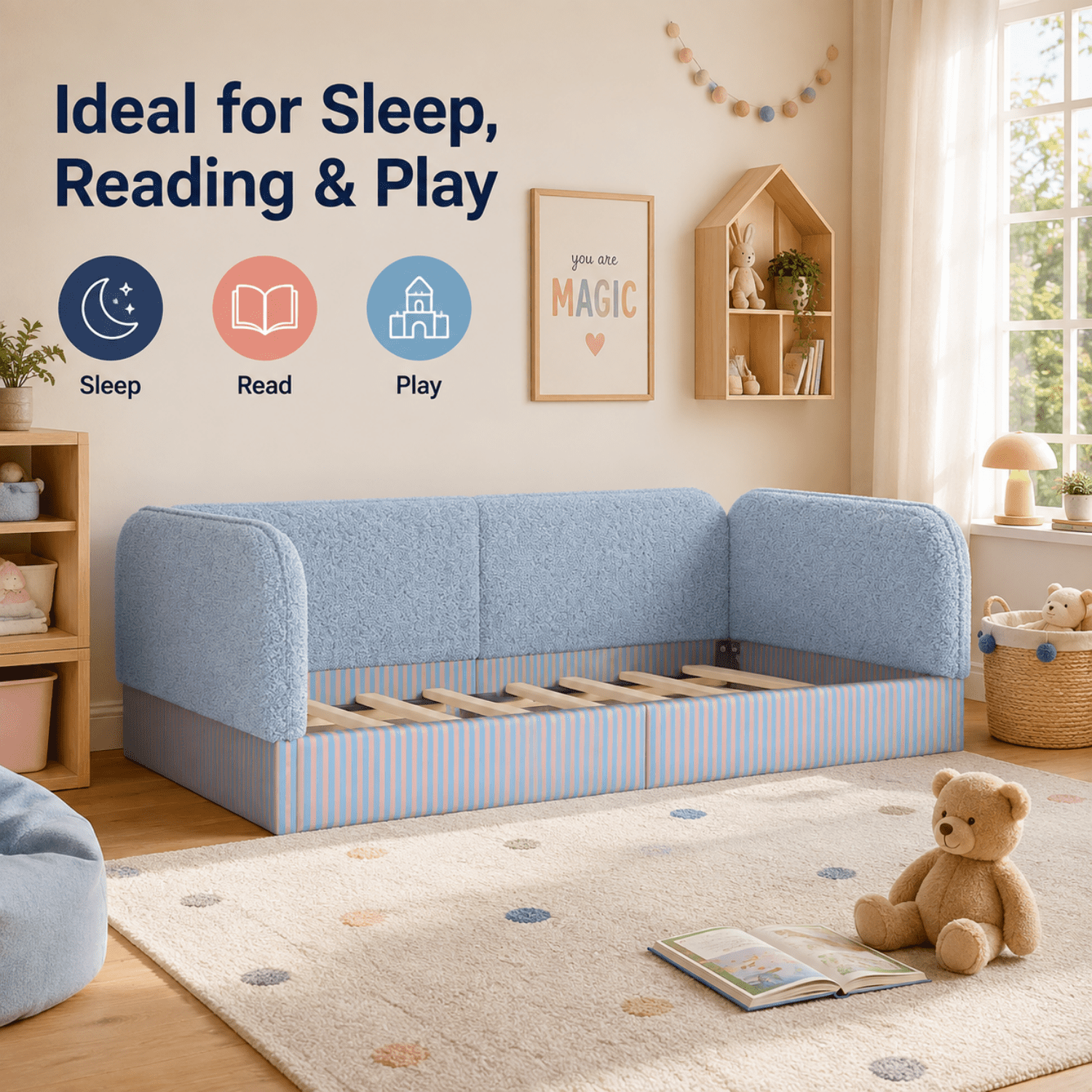 Miniyam Twin Kids Floor Bed with Padded Guardrails, Teddy Fleece Upholstered Montessori-Inspired Bed, Blue