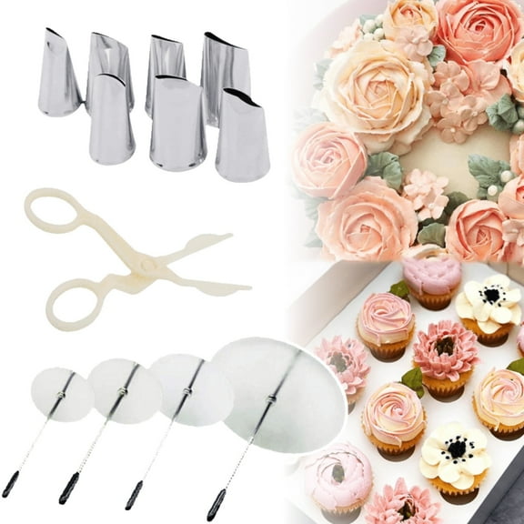 Icing Piping Tips and Flower Nail Kit, 12 Pcs Cake Decorating Set Includes 7 Stainless Steel Nozzles & 4 Nails with Lifter for Buttercream & Fondant
