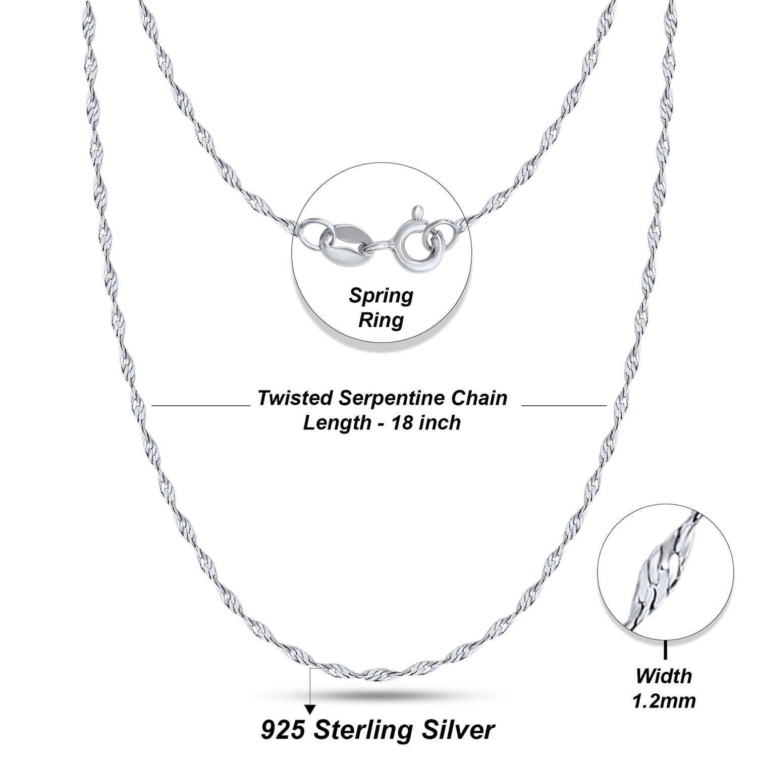 AFFY Twisted Serpentine Chain Necklace for Women and Men Italian Crafted 1.2mm Twist Chain 18 Inch 14K White Gold Over 925 Sterling Silver with Spring Ring Clasp