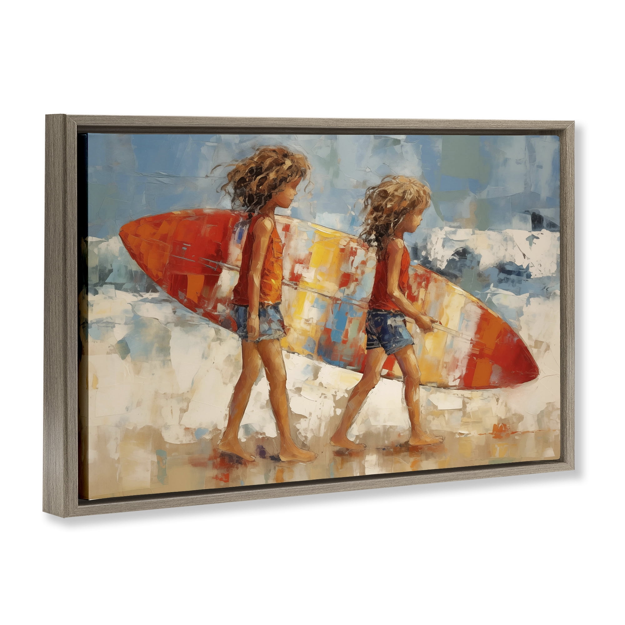 Stupell Industries Kids with Surfboard Sports Painting Brown Floater Framed Canvas Art Print Wall Art, 25 x 17