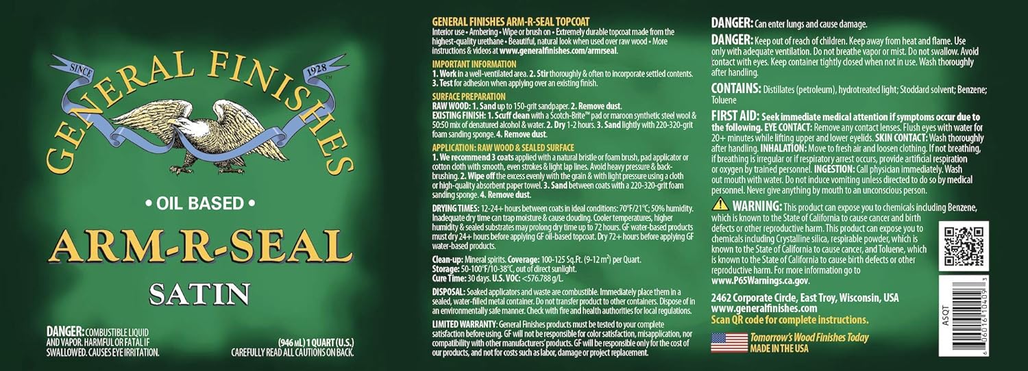 General Finishes Arm-R-Seal Oil Based Topcoat - 1 Quart - Satin