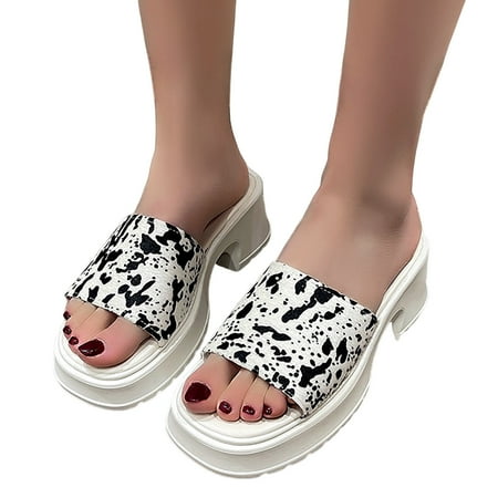 

ZIZOCWA Thick Bottom Sandals For Women Pu Leather Cow Printed Open Toe Wedge Platform Slippers Non-Slip Elegant Office Lady Flip Flops White Size7.5
