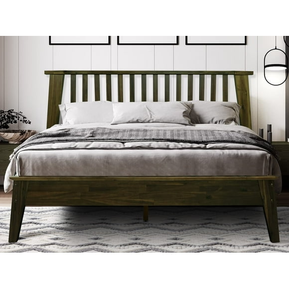 Acacia Kaylin Bed Frame with Headboard Solid Wood Platform Bed, Queen Size Bed Frame, Unique Design Contemporary Signature Wood Bed Compatible with All Mattresses, Non-Slip and Noise-Free, Mocha
