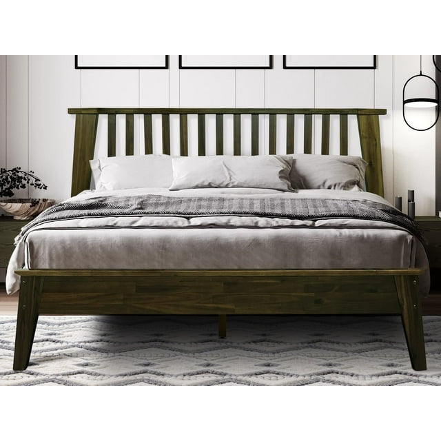 Acacia Kaylin Bed Frame with Headboard Solid Wood Platform Bed, Queen Size Bed Frame, Unique Design Contemporary Signature Wood Bed Compatible with All Mattresses, Non-Slip and Noise-Free, Mocha