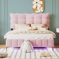thumbnail image 2 of Full Size Velvet Platform Bed with LED Lights, Upholstered Platform Bed Frame with Metal Legs and Slats Support, No Box Spring Needed, Pink, 2 of 8