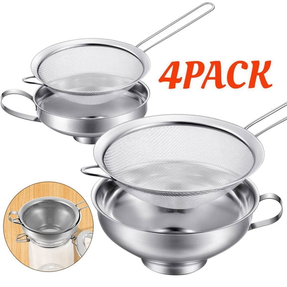 4 Pack Stainless Steel Metal Funnel, Canning Funnel with Strainer for Wide and Regular Mason Jars , Wide Mouth Funnels Set for Kitchen Use 1.4 Inch/2.3 Inch