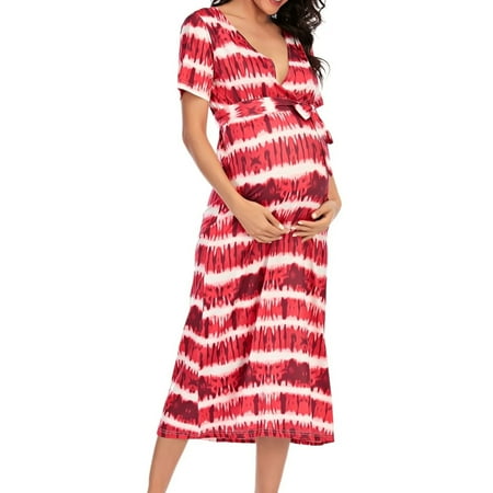

Maternity Women s Short Sleeve V-Neck Tie Dye Striped Split Belted Dress Summer