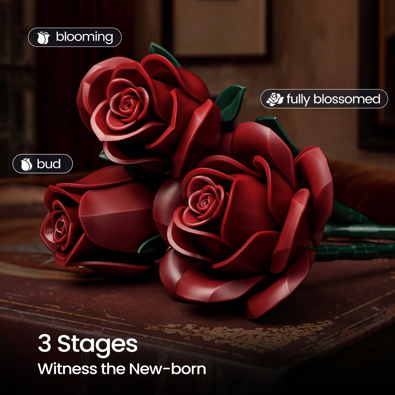 Burgundy Red Rose Bouquet Building Set, While Red Flowers for Adults Women, Botanical Collection Gift for Halloween & Valentines - Artificial Plant Gothic Home Decor