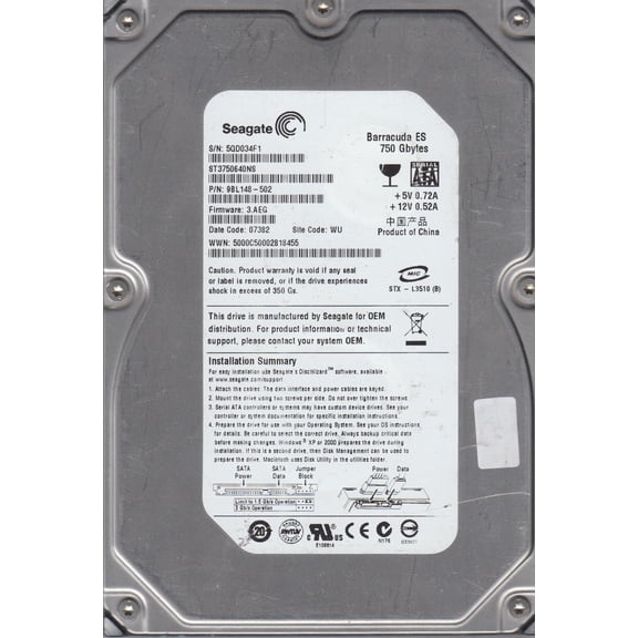 ST3750640NS, 5QD, WU, PN 9BL148-502, FW 3.AEG, Seagate 750GB SATA 3.5 Hard Drive