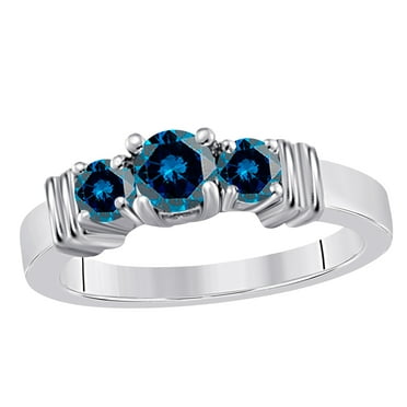 Mauli Jewels Engagement Rings for Women 1.00 Carat 3 Stone Blue Diamond Enagement Ring 4-prong 14K White Gold