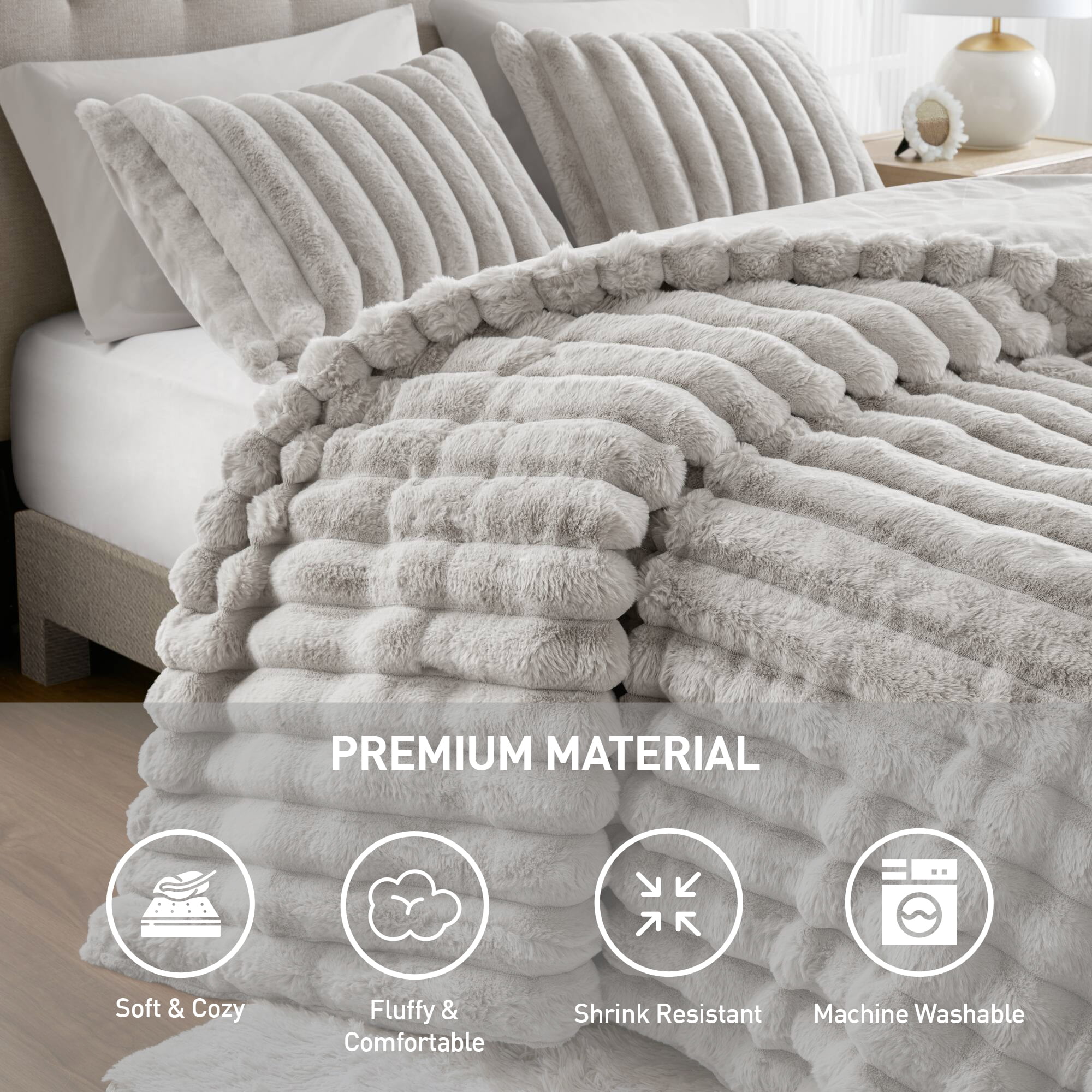 Regency Heights Full/Queen Size Comforter Sets, Light Gray Fluffy Ribbed Plush Bedding Set, 3-Piece Faux Fur Ribbed Bedding Comforter Set