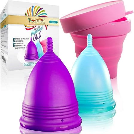 Talisi Menstrual Cups - Soft Reusable Period Cup - Menstruation Feminine Hygiene Products with Silicone Collapsible Sterilizing Cup - Regular and Heavy Flow - Large and Small Cup Menstrual