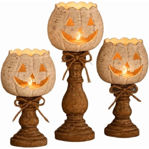 Rustic White Pumpkin Tealight Candle Holder Set of 3 Decor | Halloween Pumpkin Tea Light Candle Holders Decor, Fall Tables Centerpieces for Thanksgiving & Halloween Party