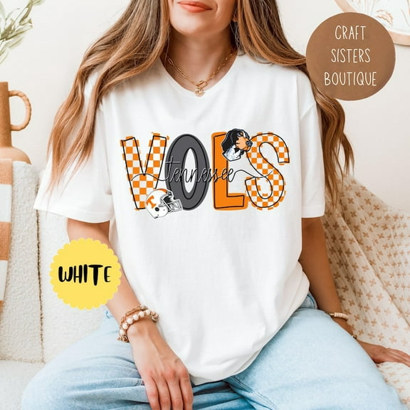 Tennessee Vols Checkerboard Tee – Women’s Game Day Graphic T-Shirt with Smokey & Helmet