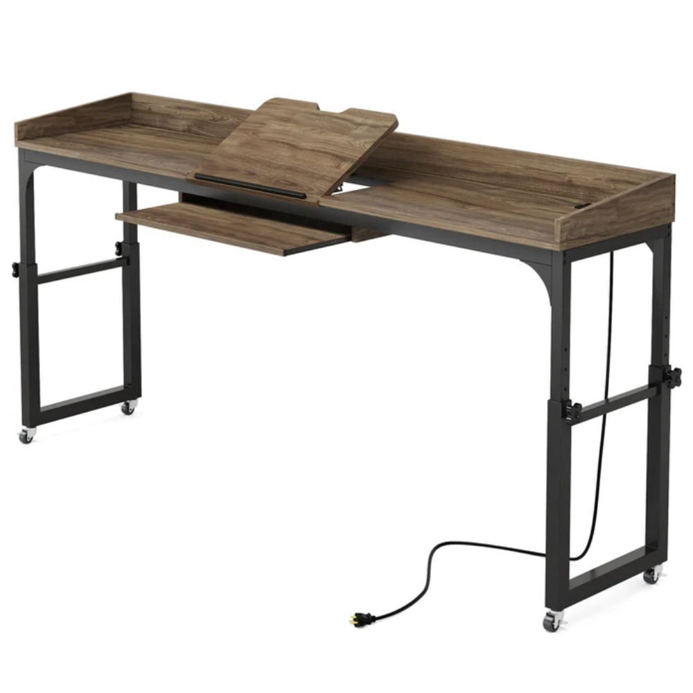 Height Adjustable Overbed Table with Wheels, 5-Level Tilting Desktop, Mobile Bedside Desk with AC & USB Charging Ports for Working Reading Gaming