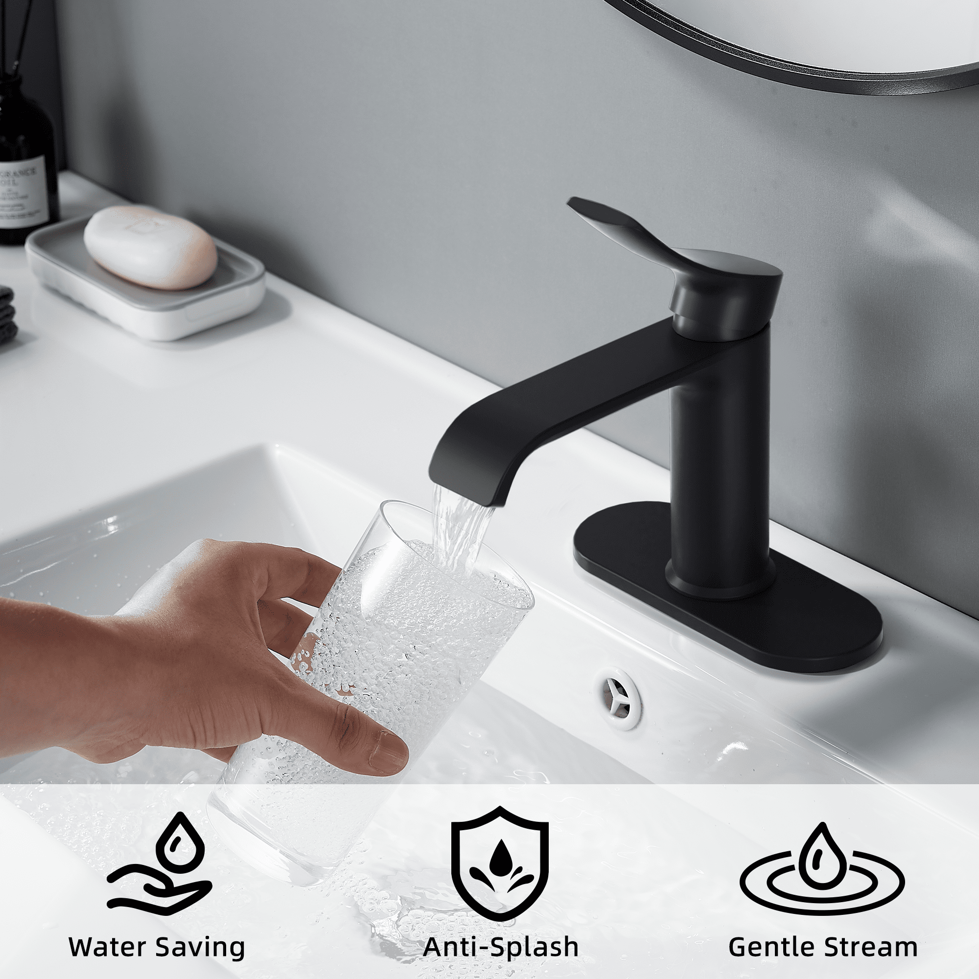 BELZ Bathroom Faucet Waterfall Spout Bathroom Sink Faucet with Single Handle with Pop Up Drain and Deck Plate Suitable for 1 or 3 Holes,Brushed Steel
