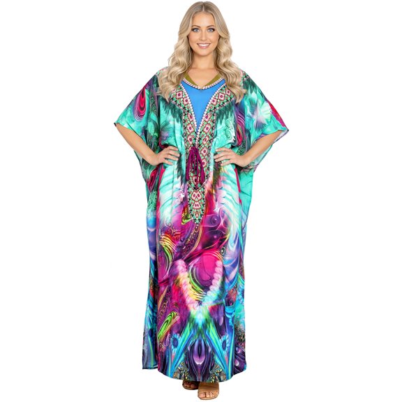HAPPY BAY Women's Summer African Beach Maxi Ethnic Print Caftan Casual Slit Dress Loungewear Dashiki Dresses for Women 2X-3X Lake Blue, Floral