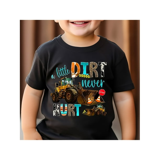 A Little Dirt Never Hurt Boys' Cotton T-Shirt – Black Graphic Tee with Fun Bulldozer Design, Comfortable Short Sleeve for Summer Outdoor Play, Boy T Shirt