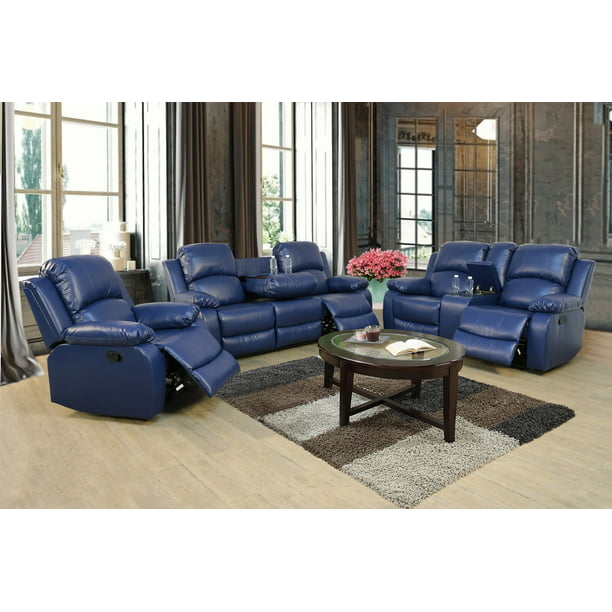Recliner Sectional Sofa Set, Navy Leather Recliner Sofa