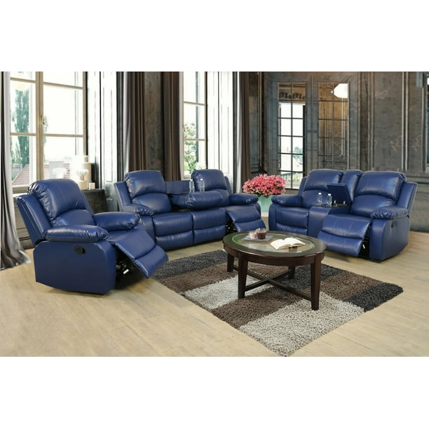 Ainehome Reclining Sofa Set Drop Down Table Blue Leather 3pc Com Ainehome Reclining Sofa Set Drop Down, Blue Leather Sofa Set