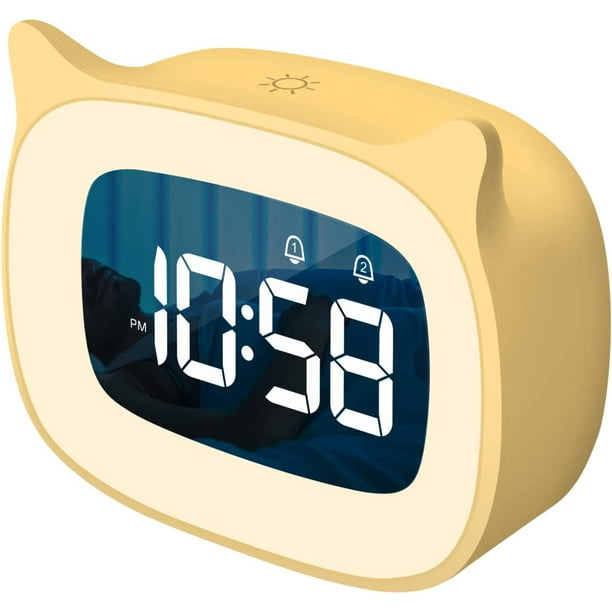 Reloj despertador para niños con luz nocturna regulable, lindo reloj digital con orejas de gato para niños y niñas, alarma de 5 minutos, OK para despertar a los niños (amarillo) JAMW Sencillez