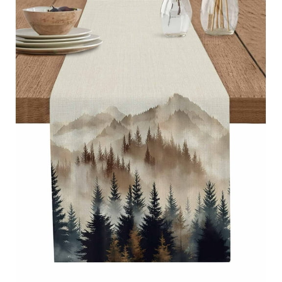 Tan Forest Burlap Cotton Table Runner 18x72 Inches Long, Trees Woods Vintage Natural Watercolor Farmhouse Table Runners, Outdoor Dining Tablecloths Decor for Baby Shower/Party/Wedding