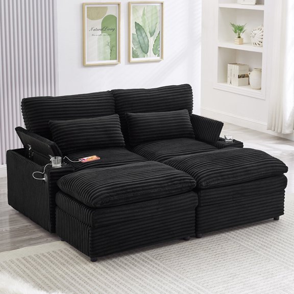 Loveseat Sofa 70.9" Free-combined Sectional Convertible Sofa Bed with Storage Space, Two Movable Ottomans, Four USB Ports and Two Cup Holders for Living Room, Green