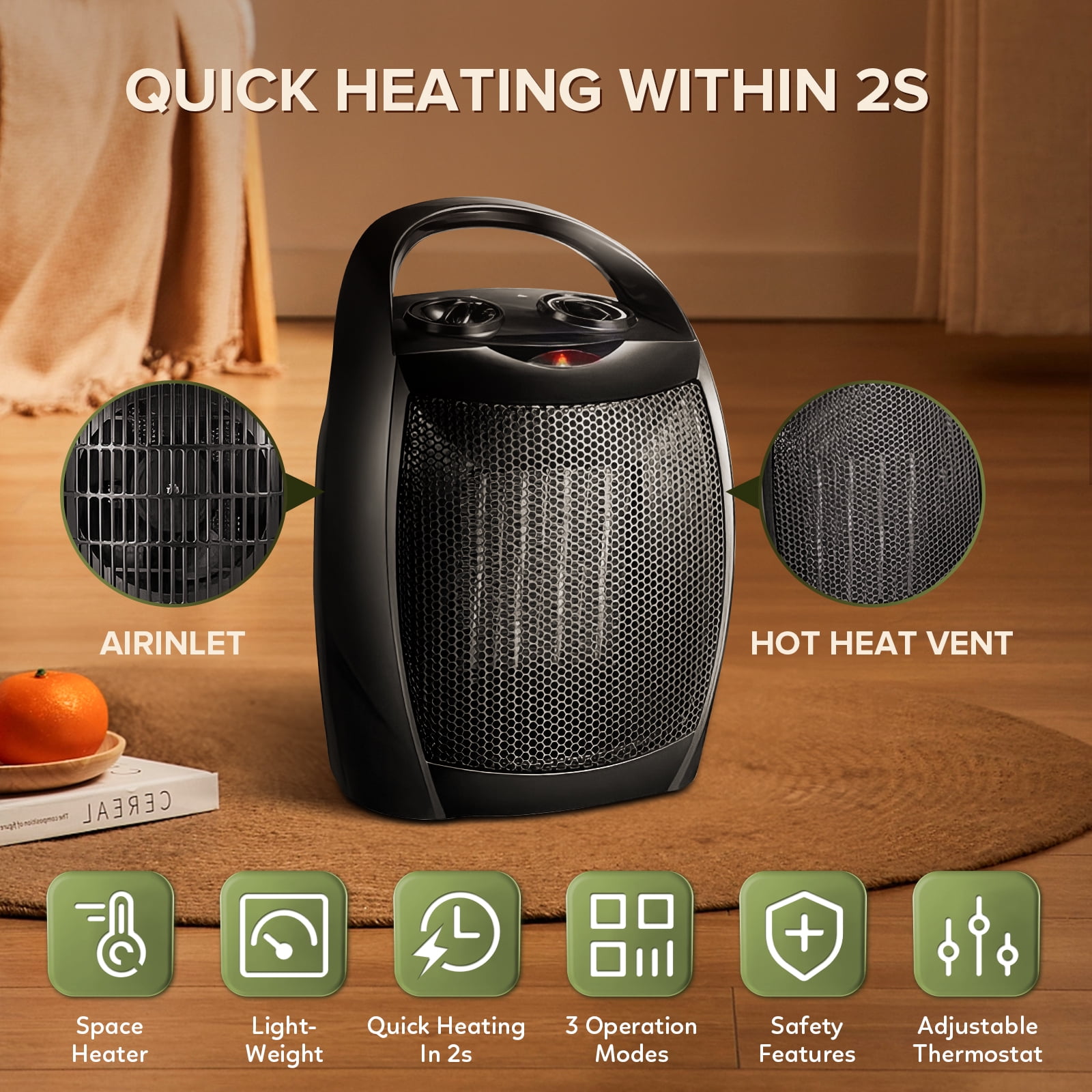 Electactic Compact 1500W/750W Space Heater with Thermostat - ETL Certified Ceramic Portable Heater Fan, Ideal for Home/Dorm/Office/Kitchen, Black