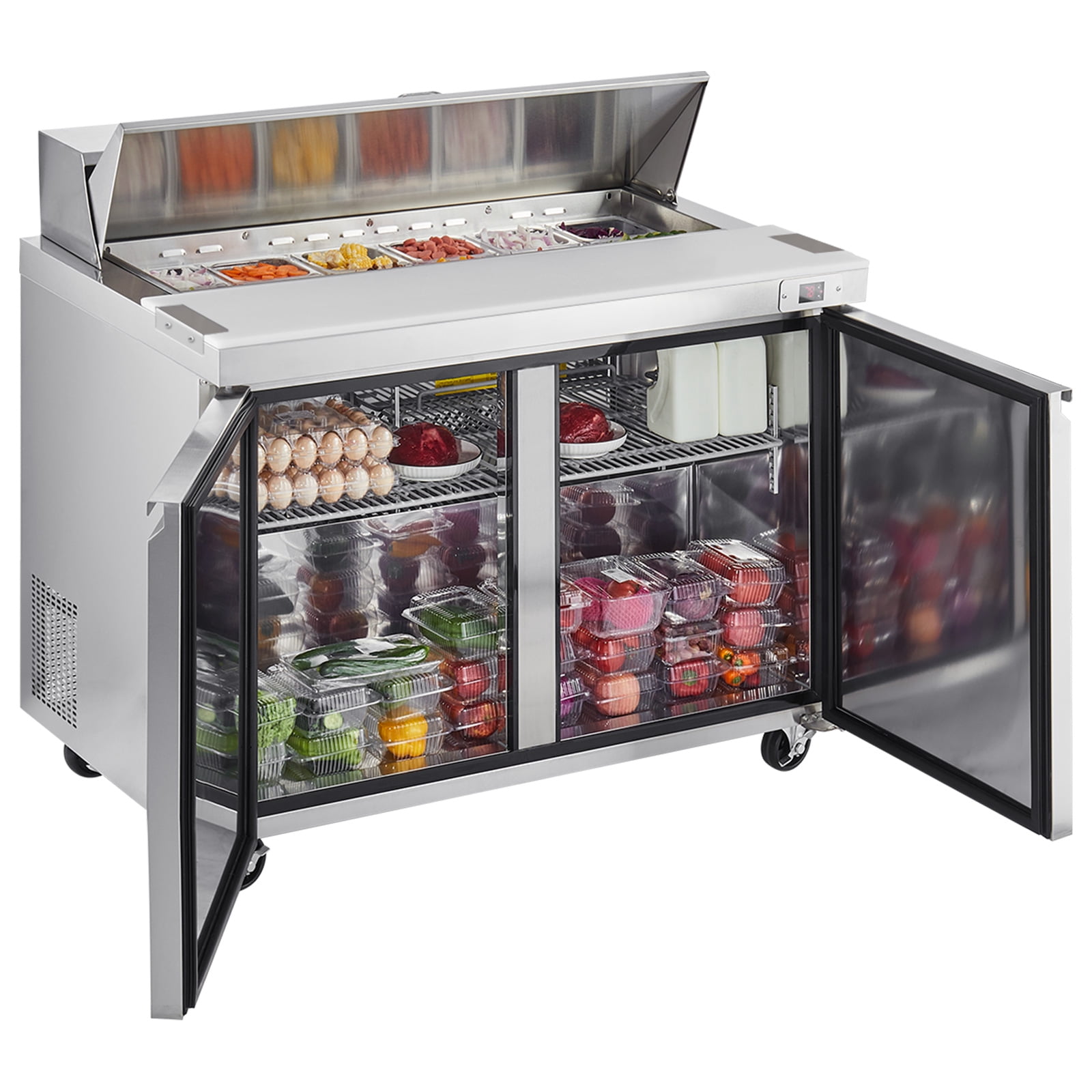 KFFKFF 48'' Wide Commercial Salad Bar Refrigerator, Refrigerated Sandwich Salad Prep Table with 2 Doors, Stainless Steel Prep Fridge for Commercial Kitchen Restaurant 12.5 Cu. Ft