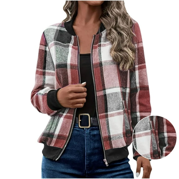 Women's Plaid Bomber Jackets No Hood Casual Trendy Zip Up Flannel Checkered Print Fall Coats with Pockets (XL, Red)