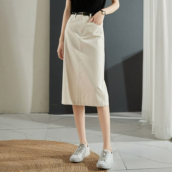 2025 Women's High-Waisted Denim Midi Skirt - Korean Style Slim-Fit Button Front Slit Skirt