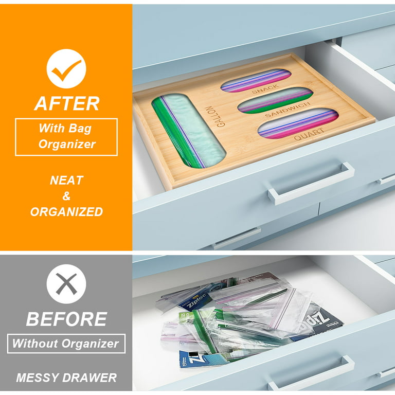 Drawerstore, Ziplock Storage Bag Organizer for Drawer - Plastic Bag Holder  for Quart, Gallon, Sandwich, and Snack Size Storage Bags, Natural