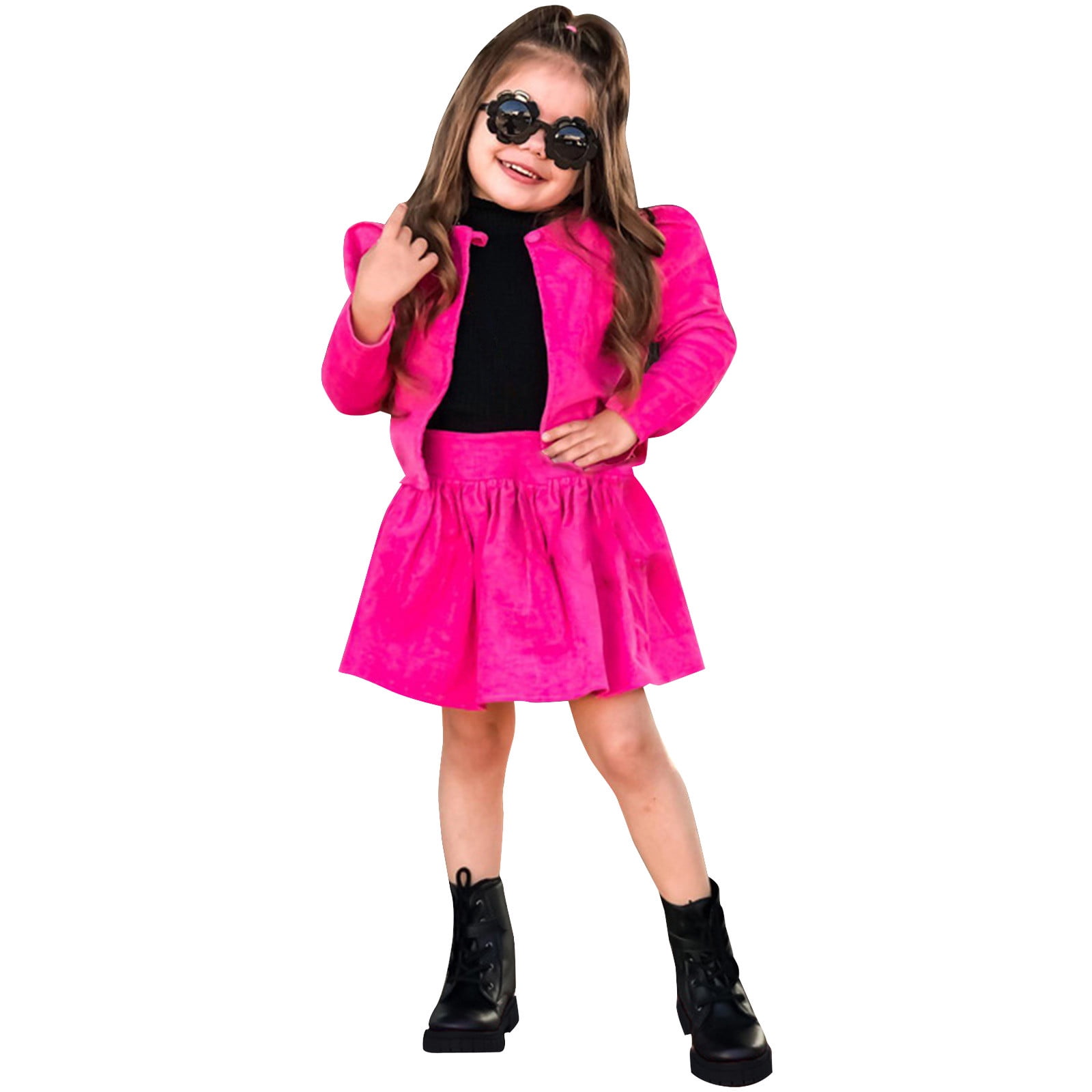 ZHAGHMIN Girls Two Piece Outfits Toddler Kids Baby Girls Long Sleeve Jacket  Coat T Shirt Tops Bow Button Skirts 2Pcs Outfits Clothes Set Crop Top And