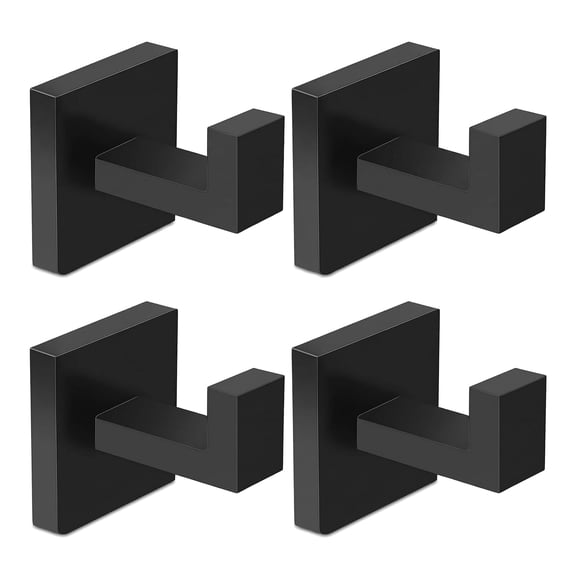 4 Pack Towel Hooks, Heavy Duty Stainless Steel Hand Towel Holder for Bathroom, Living Room, Kitchen & Closet, Wall Mount Hook for Robe Coat - Square Matte Black